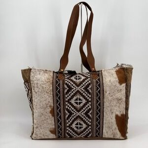 Myra Bag Elisa Weekender Bag Women Large Brown Cowhide Tribal Canvas S-6202 New